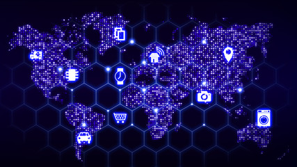 Fototapeta premium IOT world map hexagon grid internet of things concept