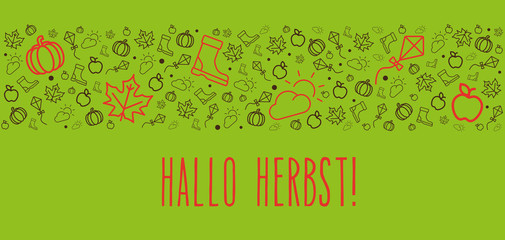 herbstliche Grußkarte mit Hallo Herbst und vielen Herbsticons als Vektor