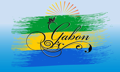 Fototapeta na wymiar Gabon. Calligraphic cursive vintage Gabon lettering inscription with floral ornament on the brush stroke Gabon flag. Vector background for design, prints,emblem, cloth, souvenirs