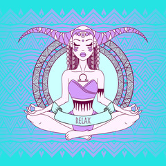 Girl meditating, doing yoga, graphic vector illustration design