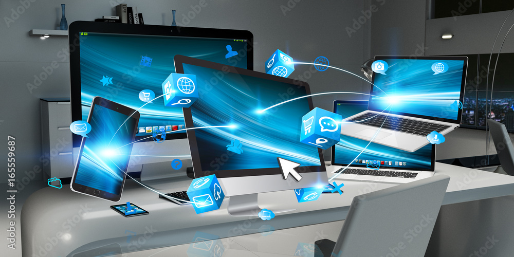 Aufkleber modern devices on desktop interior 3d rendering