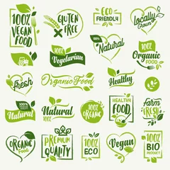 Foto op Plexiglas Organic food, farm fresh and natural product stickers and badges collection for food market, ecommerce, organic products promotion, healthy life and premium quality food and drink. © PureSolution
