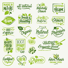Organic food, farm fresh and natural product labels and badges collection for food market, ecommerce, organic products promotion, healthy life and premium quality food and drink. - obrazy, fototapety, plakaty