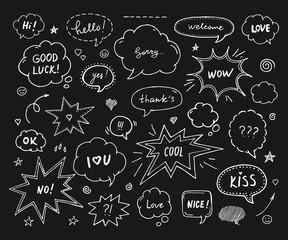 Hand drawn set of speech bubbles with dialog words: Hi, Love, Sorry, Welcome,