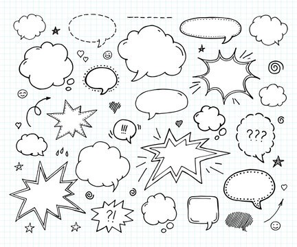 Hand drawn set of speech bubbles and arrows