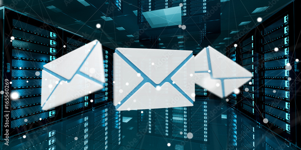 Poster emails flying over server room data center 3d rendering