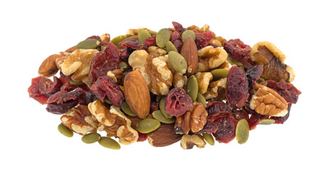 A small pile of Omega 3 trail mix isolated on a white background.