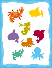 cartoon matching game with sea animals crab / colorful shapes - isolated illustration for children