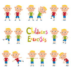 Vector set of blonde boys in exercises poses isolated on white b