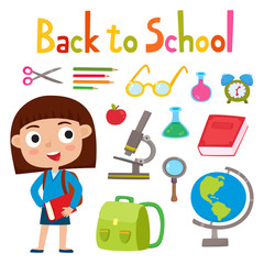 Back to school set with pretty stylish girl stand with book scho