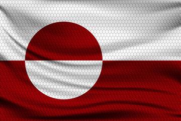 National flag of Greenland on wavy fabric with a volumetric pattern of hexagons. Vector illustration.