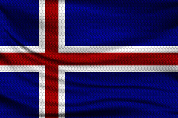 Fototapeta premium National flag of Iceland on wavy fabric with a volumetric pattern of hexagons. Vector illustration.
