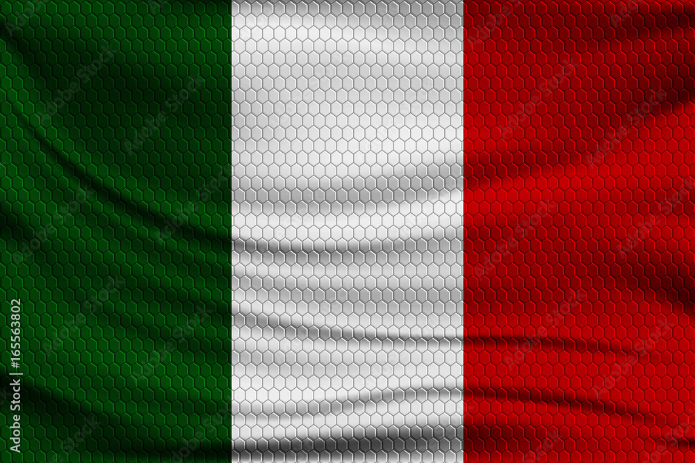 Wall mural national flag of italy on wavy fabric with a volumetric pattern of hexagons. vector illustration.