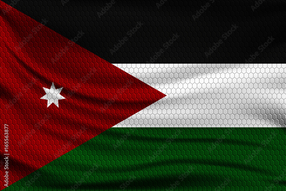 Poster national flag of jordan on wavy fabric with a volumetric pattern of hexagons. vector illustration.