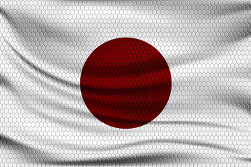 National flag of Japan on wavy fabric with a volumetric pattern of hexagons. Vector illustration.
