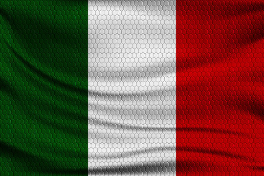 National flag of Italy on wavy fabric with a volumetric pattern of hexagons. Vector illustration.