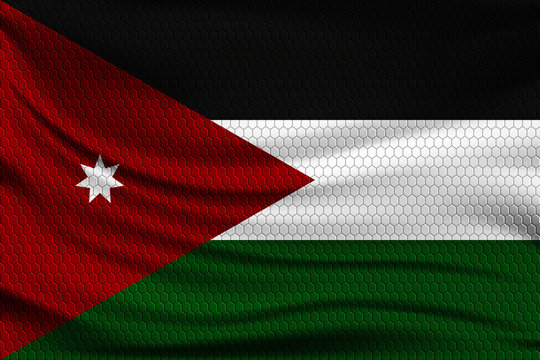 National flag of Jordan on wavy fabric with a volumetric pattern of hexagons. Vector illustration.