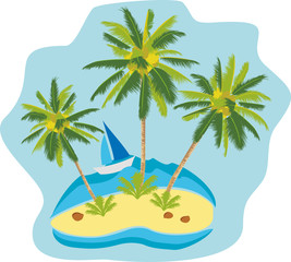 Exotic tropical landscape, palm trees on an island against the backdrop of the sea, the ocean with a ship, a sailboat. Cartoon vector illustration AI10