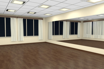 Empty training dance-hall at night with yellow walls and dark wooden floor, 3D illustration