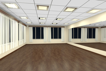 Empty training dance-hall at night with yellow walls and dark wooden floor, 3D illustration