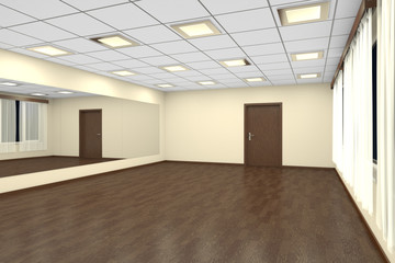 Empty training dance-hall at night with yellow walls and dark wooden floor, 3D illustration
