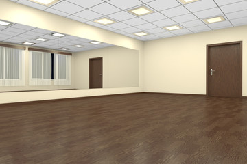 Empty training dance-hall at night with yellow walls and dark wooden floor, 3D illustration