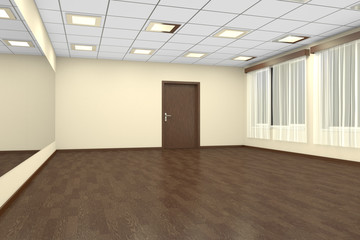 Empty training dance-hall at night with yellow walls and dark wooden floor, 3D illustration