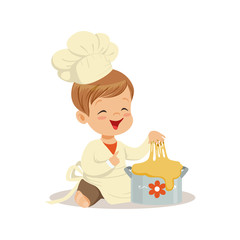 Cute smiling little boy chef kneading a dough vector Illustration