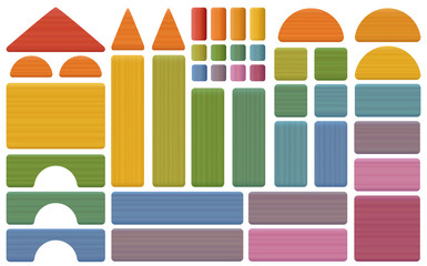 Building kit - colorful set of toy blocks with bricks, roofs, spires, pillars and archs - all parts with wooden texture. Isolated vector illustration on white background.