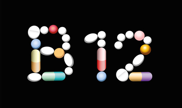 VITAMIN B12 - written with pills, tablets and capsules, symbolic for artificial, synthetic or natural supplement for vegetarians and vegans to prevent lack of vitamins. Illustration, black background.