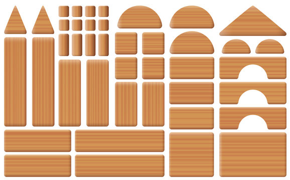 Wooden toy blocks - collection of building bricks, pillars, arch and roof elements - all parts with wooden texture. Isolated vector illustration on white background.