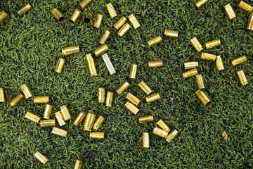 bullet shells ground. Cases of bullets lying on the floor of artificial grass