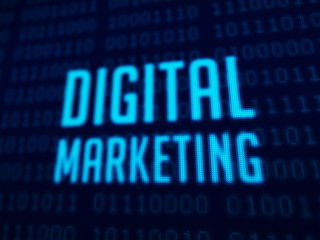 Fototapeta premium Digital marketing text on dark blue pixels screen binary code 3D rendered with depth of field