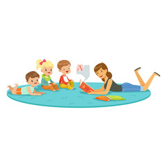Teacher reading a book to kids, children enjoy listening, kids education and upbringing in school, preschool or kindergarten, colorful characters