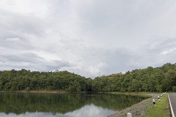 Beautiful Huai Hong Khrai dam and cloud on rainy season