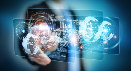 Hologram screen with digital datas used by businessman 3D rendering