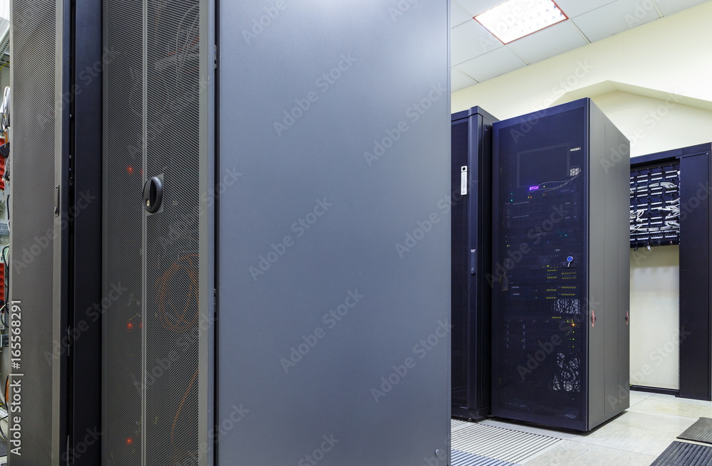 Poster modern network server room with computers for digital tv ip communications and internet