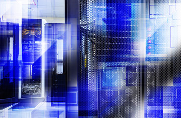 futuristic graphic background mainframe of server room in data center