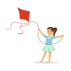 Beautiful girl playing with kite, kids outdoor activity colorful character vector Illustration