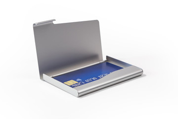 Metal business card holder with blue credit card