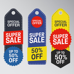 Unique Super Sale Banner with Discount Tag. Flat Color Style Promotional Design