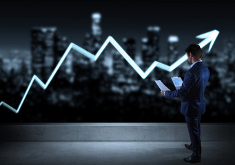 Businessman watching arrow sketch on a rooftop 3D rendering