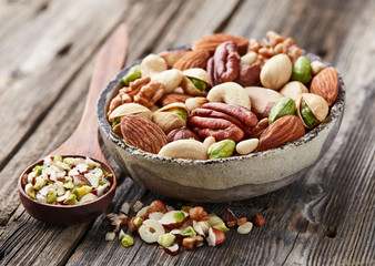 Nuts on a wooden background