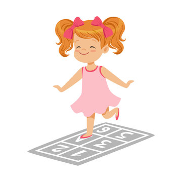 Beautiful little girl in a pink dress playing hopscotch, colorful character vector Illustration