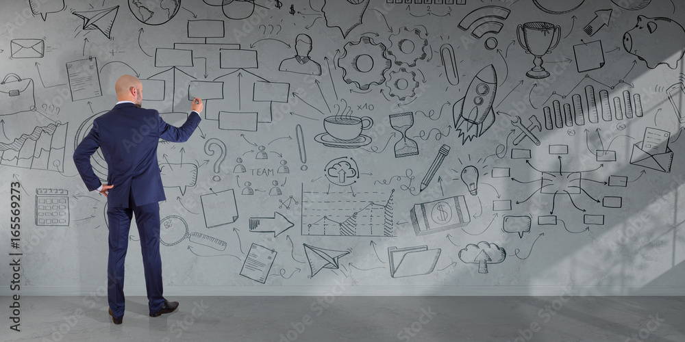 Poster businessman drawing a project sketch on a wall 3d rendering