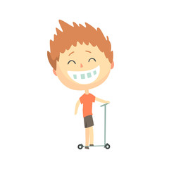 Happy smiling cartoon boy riding a kick scooter, kids outdoor activity, colorful character vector Illustration