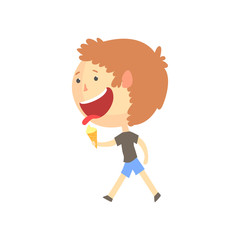 Funny smiling cartoon boy eating ice cream, colorful character vector Illustration
