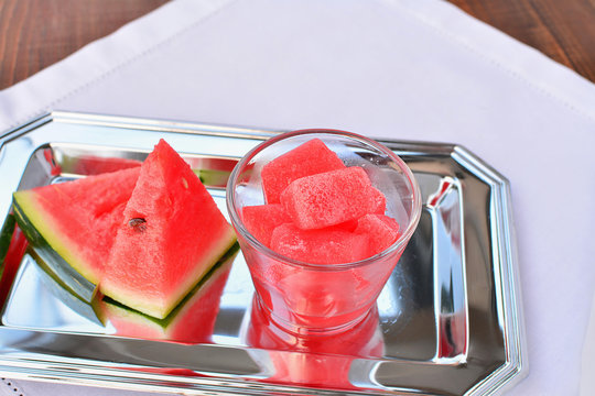 Frozen Watermelon Cubes Summer Refreshment In Glass