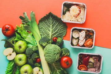 Flat lay of green vegetables on bright background