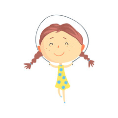 Happy little girl jumping rope, kids outdoor activity colorful character vector Illustration
